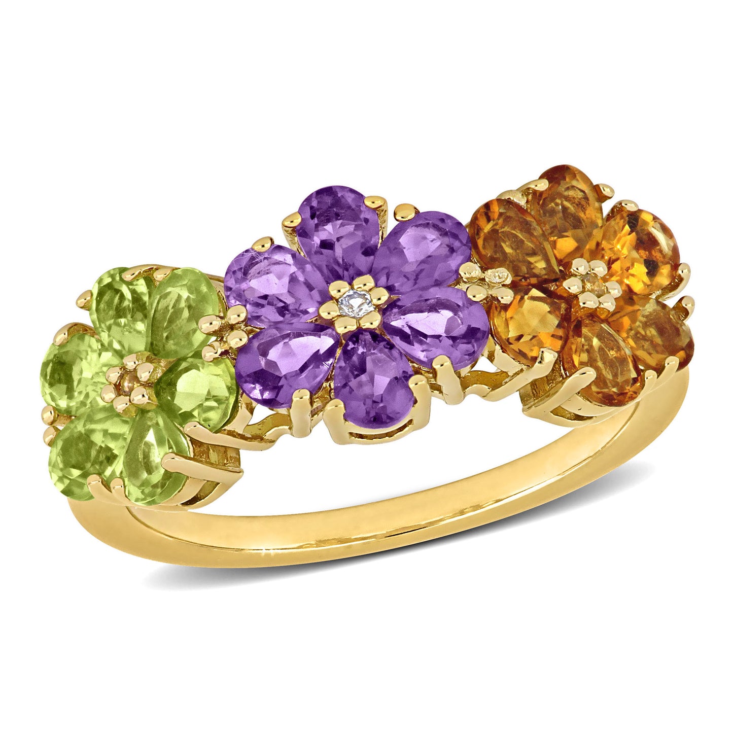 SILVER YELLOW 3 FLOWER DESIGN 2 3/4 CT TGW Amethyst Citrine Peridot & White Topaz Fashion Ring