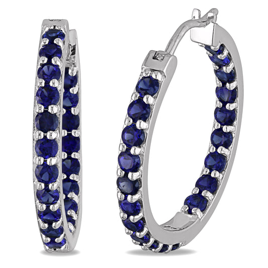 3.6 CT TGW Created Blue Sapphire Hoop Earrings Silver